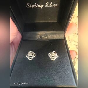 Sterling Silver Flower Diamond Cluster Earrings NWT